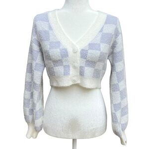 Altar’d State Women’s White & Purple Checked Cropped Eyelash Sweater Cardigan S.
